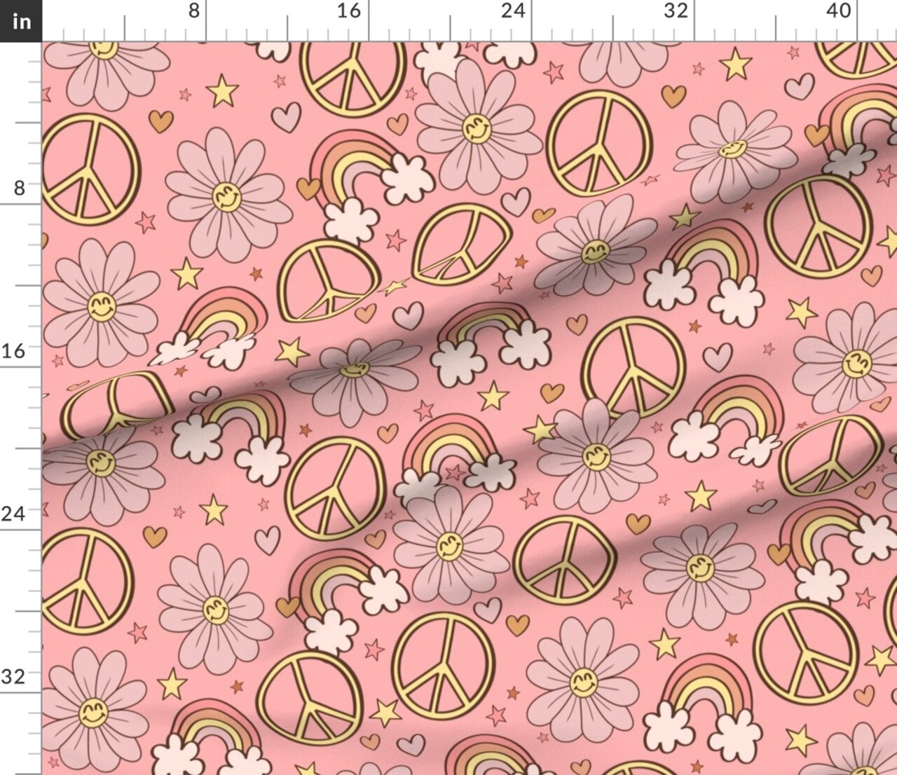 Psychedelic Whimsical Groovy Pink Peace Sign Floral Rainbow Cute 60S 70S Custom Printed Fabric by Spoonflower Various Fabrics by the Yard or Fat Quarter